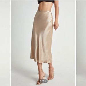 Commense Beige High Waisted Satin Flowy Midi Skirt